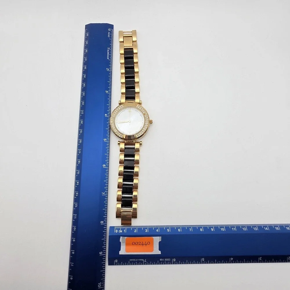 New‎ CHICO'S Ladies Watch Mother of Pearl CZ Encrusted Black Gold Tone Band